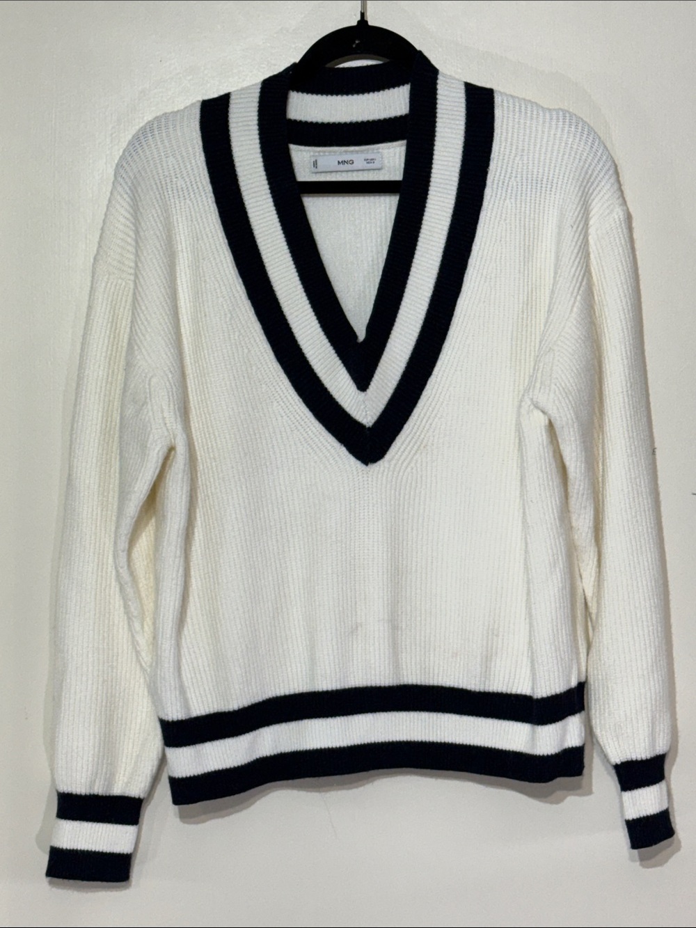 Mango White V-Neck Sweater with Black Striped Trim